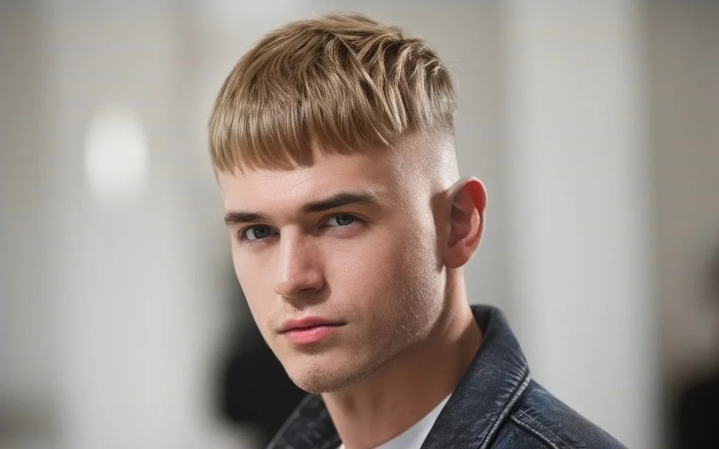 Close-up of a man showcasing a stylish French crop haircut with textured bangs and faded sides, wearing a leather jacket for a trendy look.