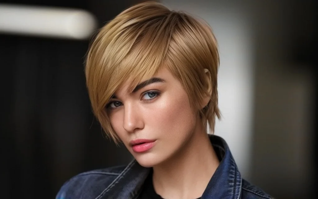 Close-up of a modern pixie cut hairstyle featuring textured blonde layers, trendy and perfect for 2024 fashion.