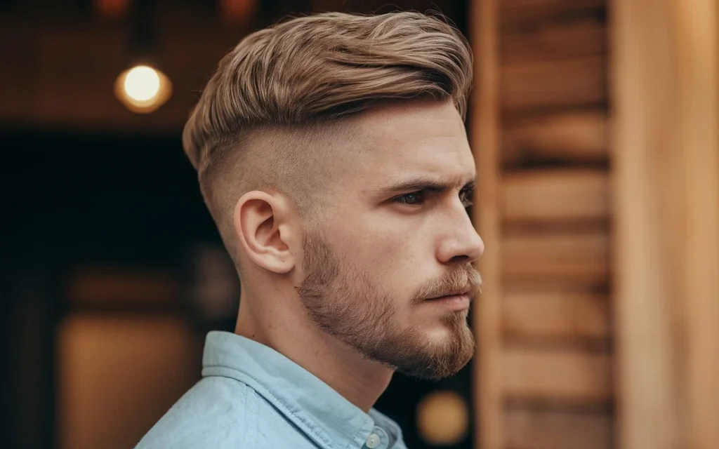 Close-up portrait of a man with a classic Caesar haircut, showcasing clean, sharp edges and a neatly groomed beard for a stylish and trendy haircut look.