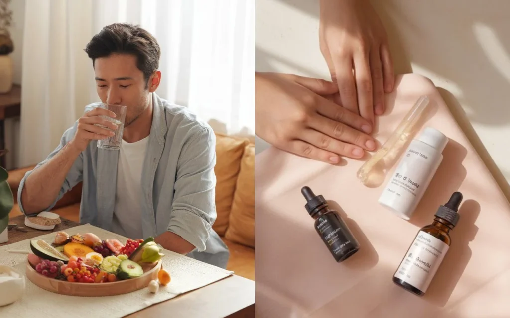 A serene scene showing a man practicing balanced skincare: enjoying nutritious food and water on one side while applying serum with skincare products on the other, demonstrating internal and external self-care.