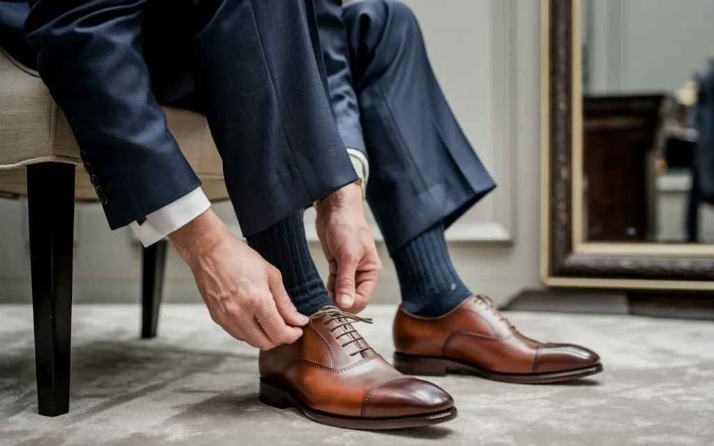 A man wearing brown leather Oxford shoes while tying his laces.