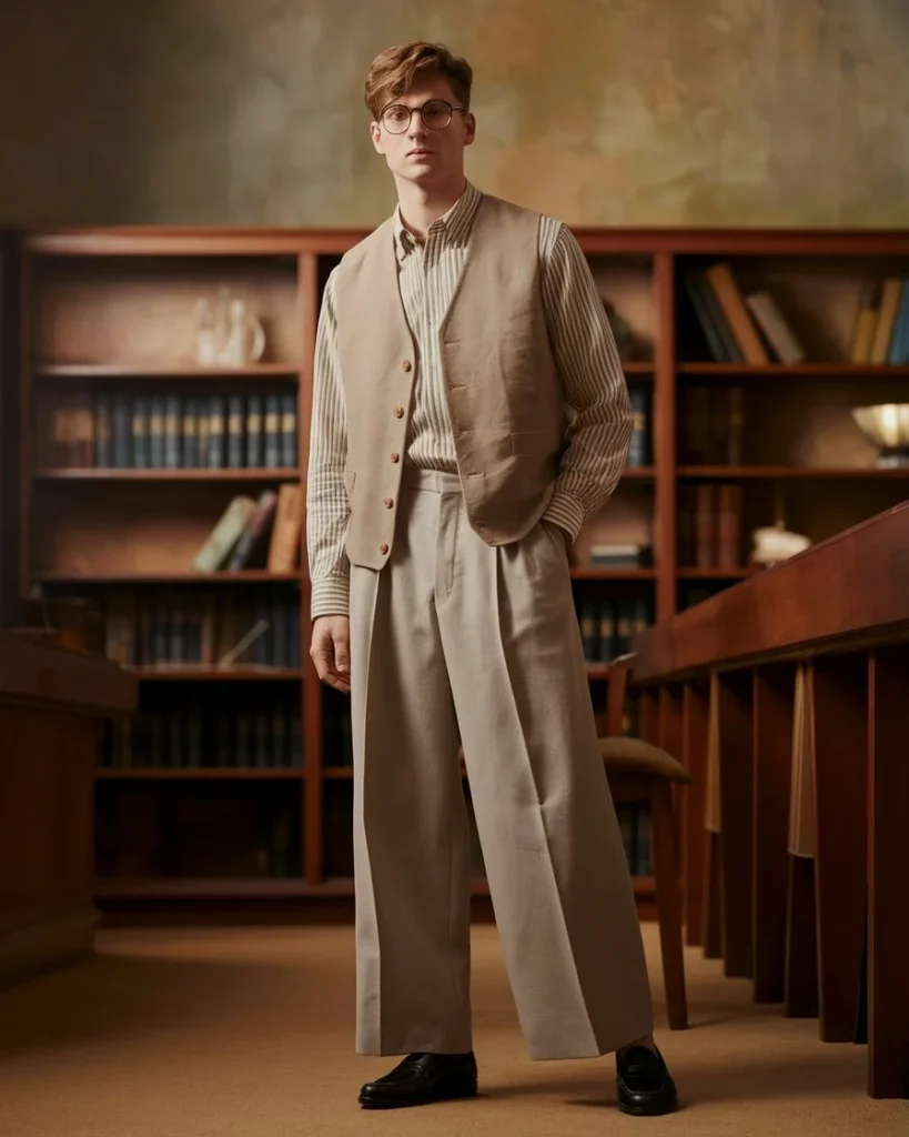 Model in a striped turtleneck, cardigan, light-wash jeans, round glasses, and beret, posing in a cozy study nook with books and vintage furniture.