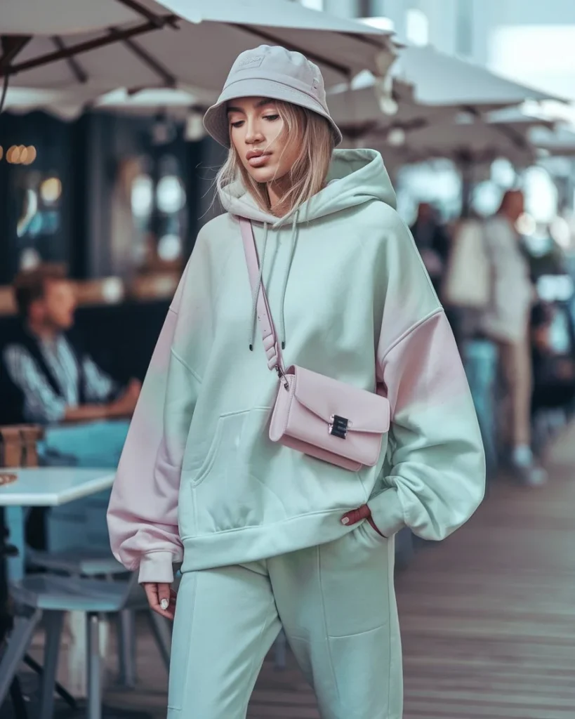 Model in a pastel oversized hoodie and light joggers, accessorized with a crossbody satchel and bucket hat, standing on a trendy urban street with cafes or a boardwalk background.