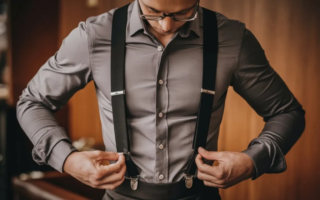 Man wearing black suspenders with silver clips over a dress shirt and waistcoat, set in a vintage-inspired gentleman’s lounge, highlighting formal accessories for men.