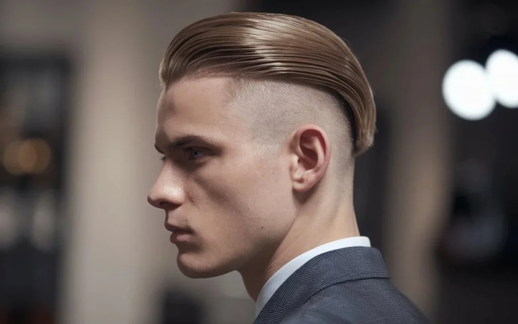 Man with a sleek and polished slick back haircut, a trendy and old money hairstyle emphasizing timeless elegance and sharp lines.