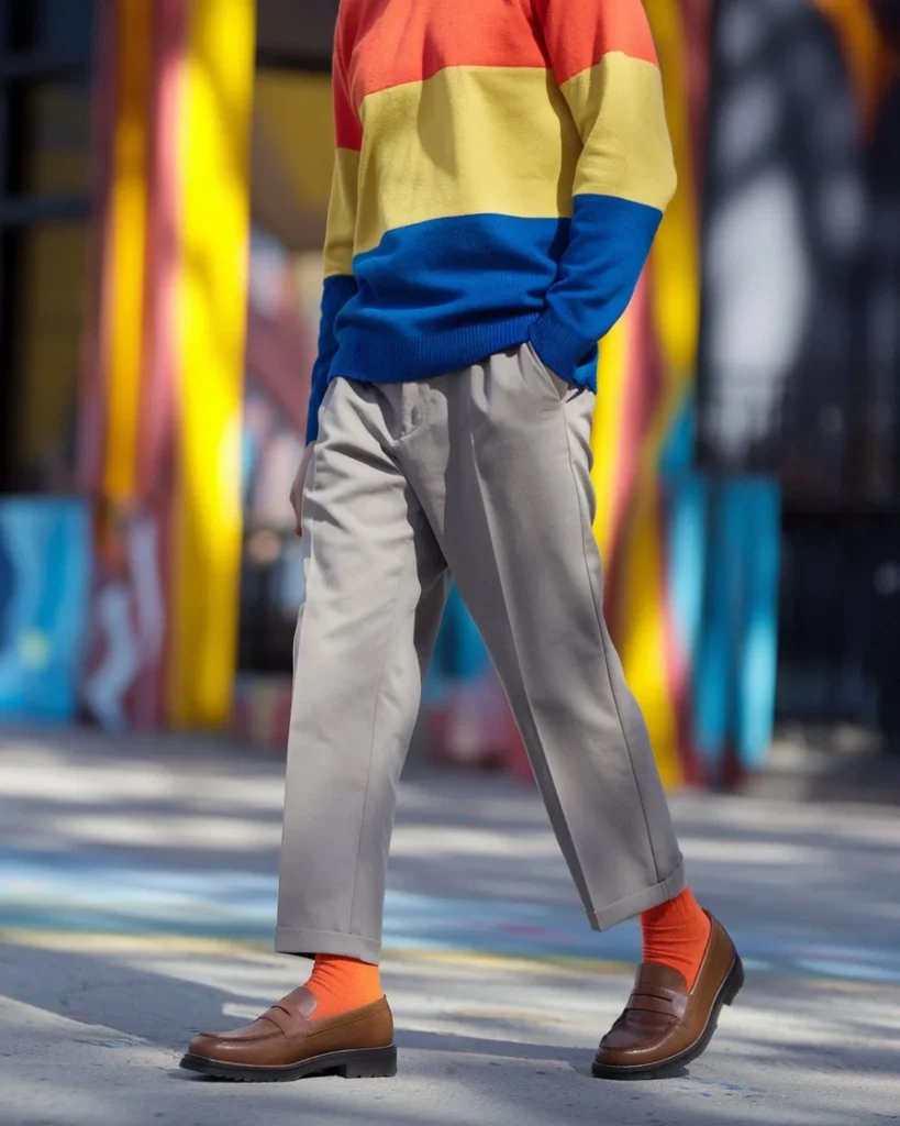 Model wearing a color-block sweater, neutral trousers, bright socks, and loafers in front of colorful urban murals.