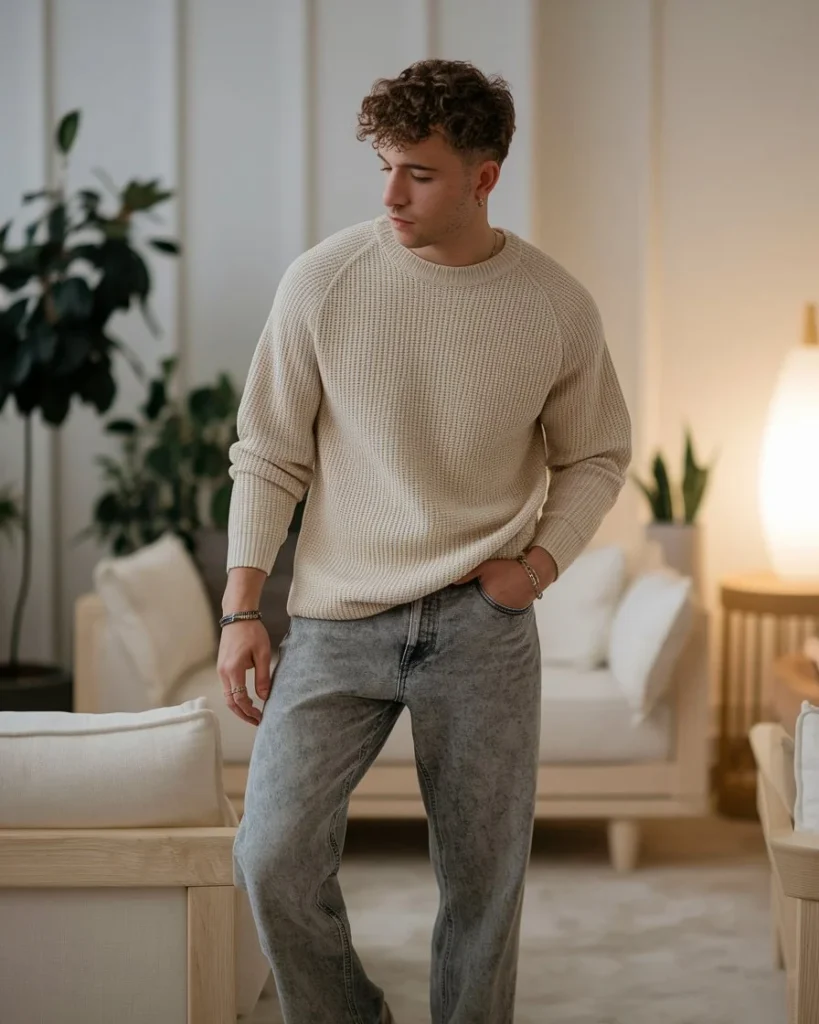 A young man in a beige knit sweater and stonewashed jeans, accessorized with a minimalist bracelet and slip-on shoes, sitting in a cozy indoor space with soft lighting and neutral decor.