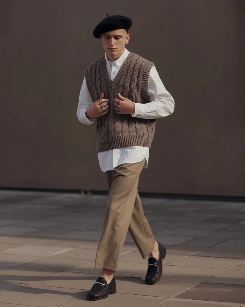 Model wearing a knitted vest over a white button-up shirt with cropped trousers, accessorized with a beret, silver rings, and loafers, set against a muted city or garden backdrop.