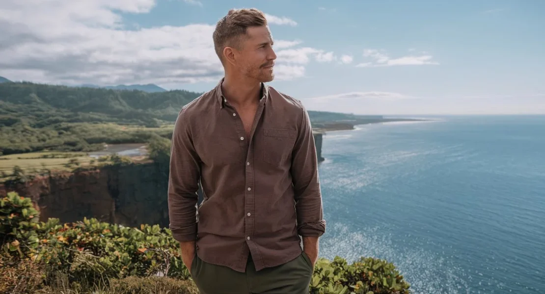 A man on a scenic cliff overlooking the ocean, wearing an organic cotton shirt and recycled polyester travel pants, surrounded by lush greenery and a blue sky.