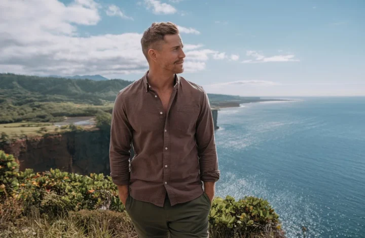 A man on a scenic cliff overlooking the ocean, wearing an organic cotton shirt and recycled polyester travel pants, surrounded by lush greenery and a blue sky.