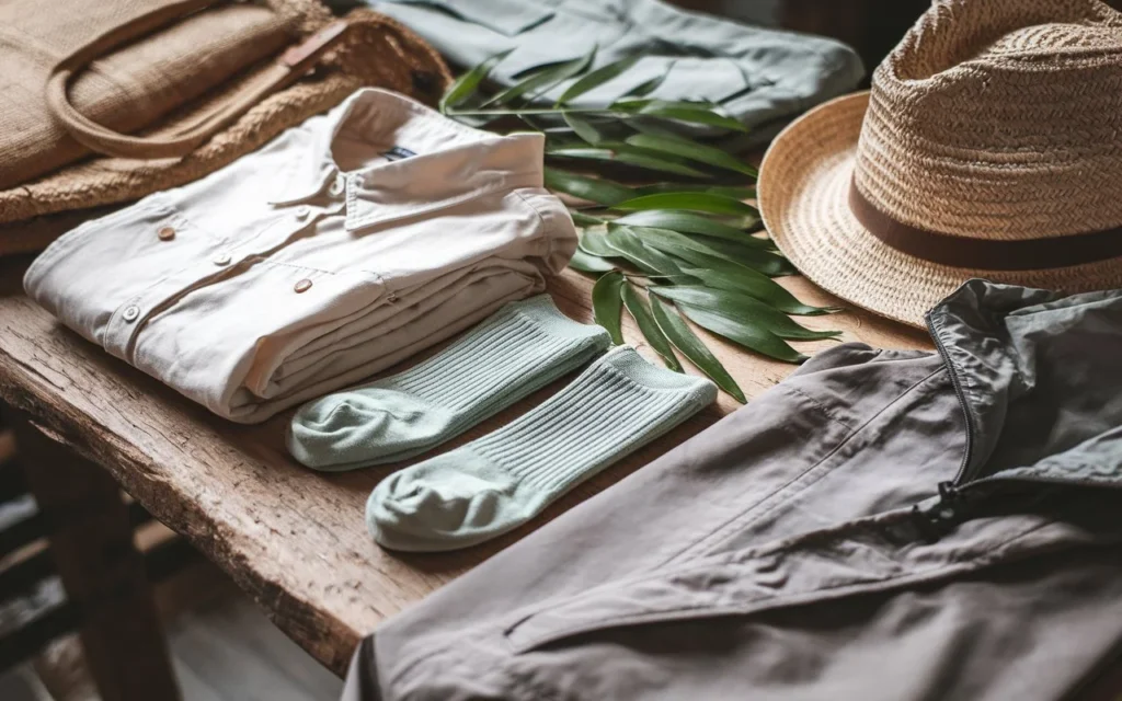 A flat-lay of sustainable travel clothing items, including organic cotton shirts, bamboo socks, and a recycled polyester jacket, with green leaves and a jute bag on a rustic wooden surface.