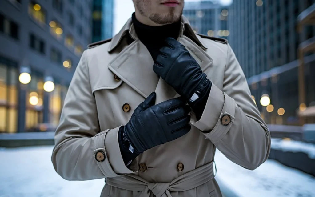 A confident man in a formal trench coat and leather gloves, standing against an urban cityscape on a winter evening, with the gloves subtly gleaming in the soft light.