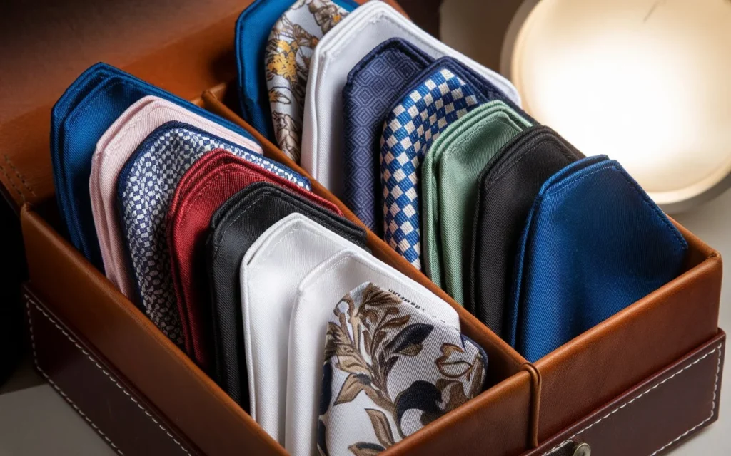 A collection of silk and linen pocket squares with floral, geometric, and solid patterns, arranged in a leather box, designed to complement men's suits and formal wear.