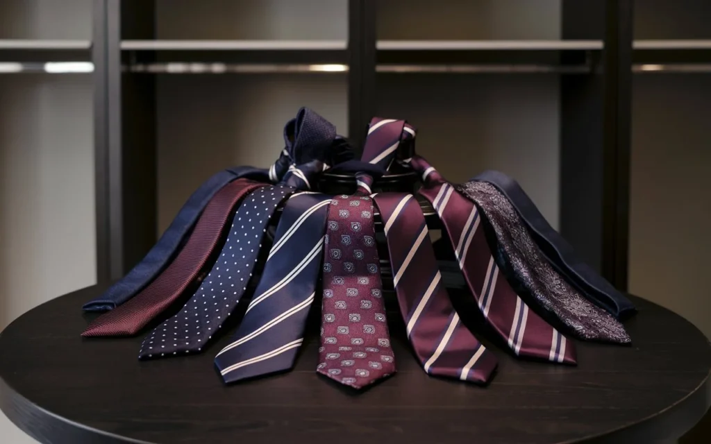 A display of men’s ties in various patterns and rich colors, placed on a dark wood table with a gentleman’s wardrobe backdrop, highlighting men’s formal wear accessories.