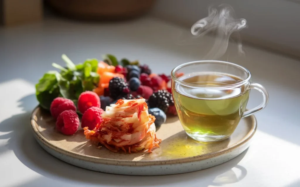 A rustic plate of Korean diet including kimchi, green tea, fresh berries, and leafy greens, beautifully arranged in a clean kitchen with natural lighting, showcasing the link between diet and glowing skin.