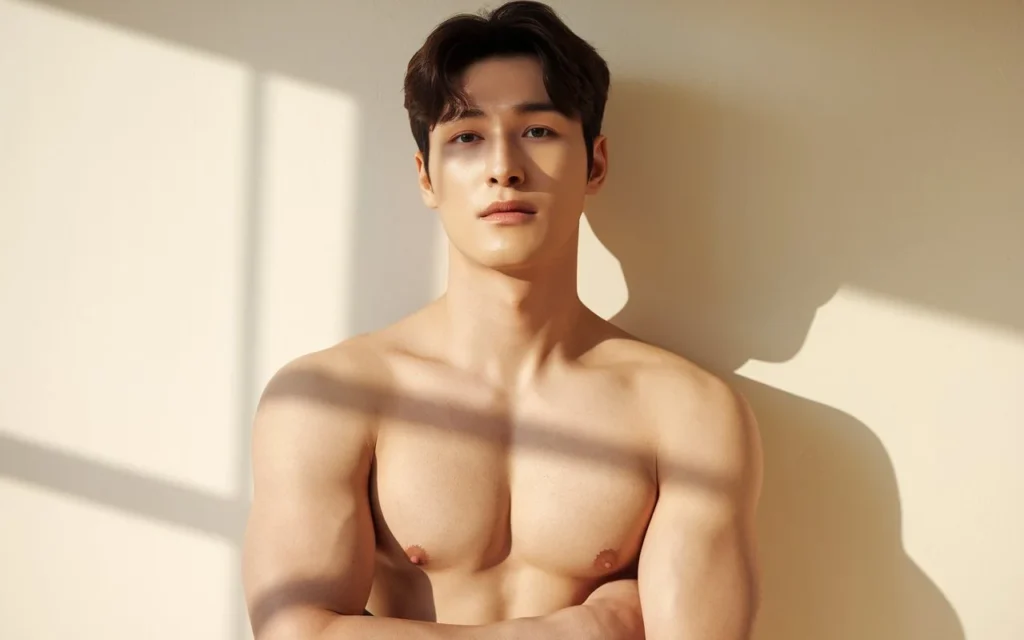 A Korean male with glassy, glowing skin stands confidently in natural light, highlighting the effectiveness of the 10-step Korean skincare routine.