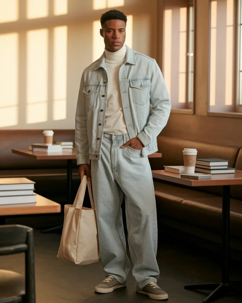 Model in a white turtleneck layered with a pastel cardigan and light denim jacket, baggy light-wash jeans, sneakers, and a minimalist tote bag, sitting in a cozy cafe with books and a coffee cup.