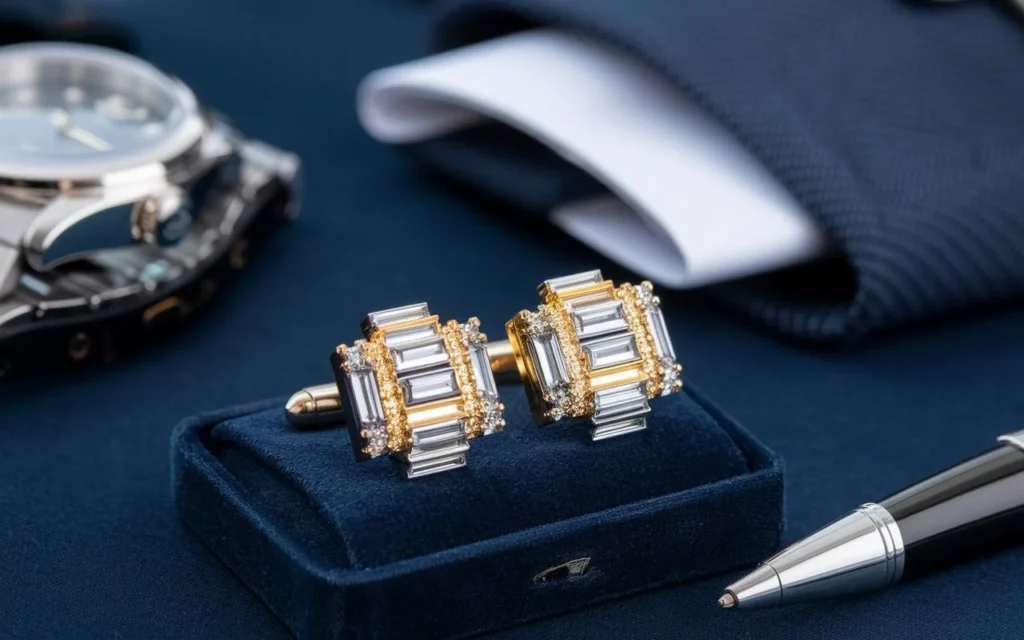 Gold, silver, and gemstone-encrusted cufflinks displayed on velvet, accompanied by a suit sleeve, watch, and writing pen, highlighting refined luxury for men's formal wear.