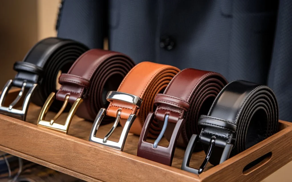 Leather belts in black, chestnut, and mahogany with metal buckles, displayed on a wooden tray, with a tailored suit in the background, ideal for men's formal wear accessories.