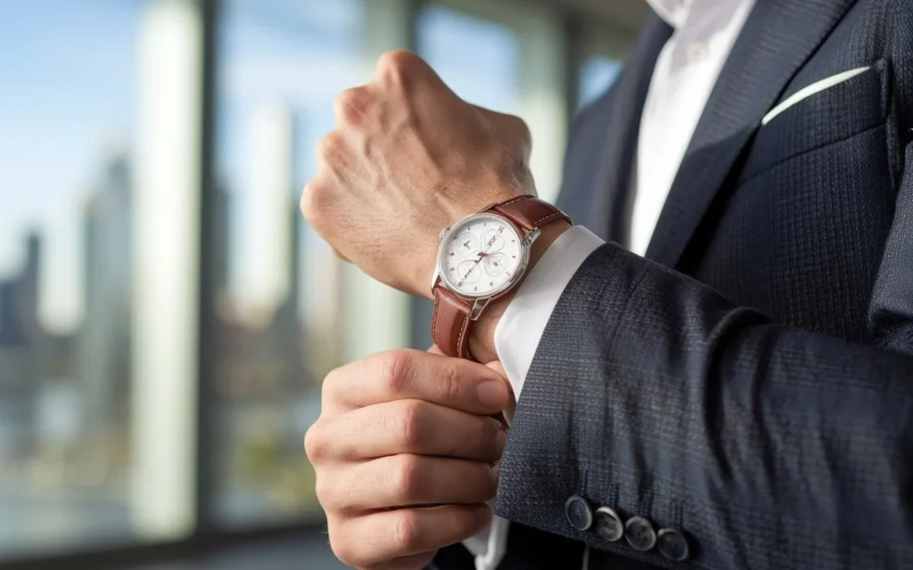 A man wearing a luxury wristwatch with a leather strap.