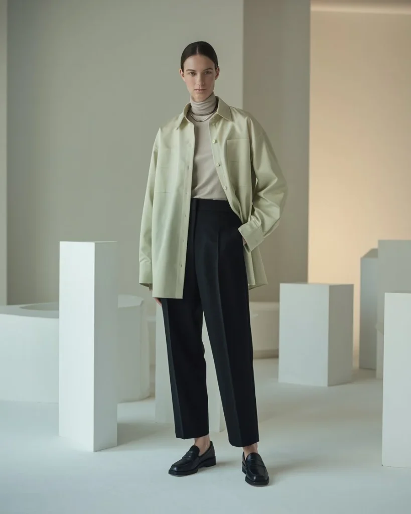 Female model in a pastel shirt jacket over a neutral turtleneck, black tapered trousers, and loafers, posing in a minimalist space with white walls and geometric furniture.