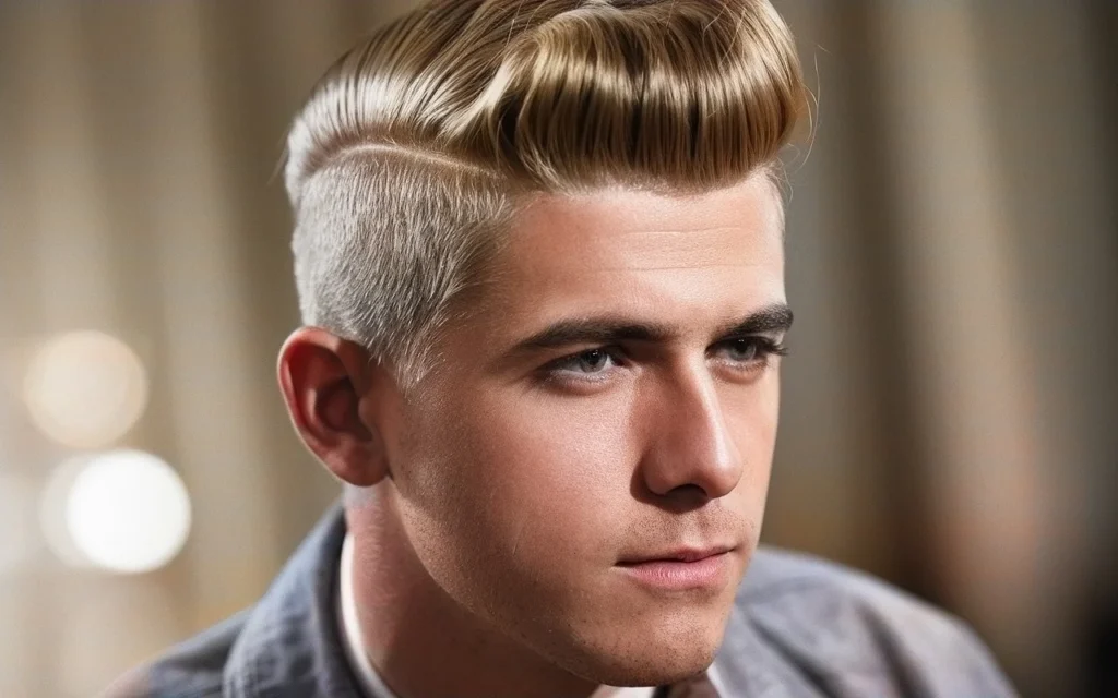 A stylish man with a sleek mod cut haircut featuring a classic side part and well-defined volume, perfect for a trendy haircut look.