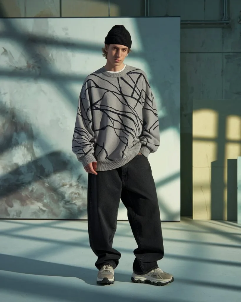 Model in a loft wearing a graphic oversized sweater, black baggy jeans, a slouchy beanie and chunky sneakers, showcasing the modern soft boy aesthetic.