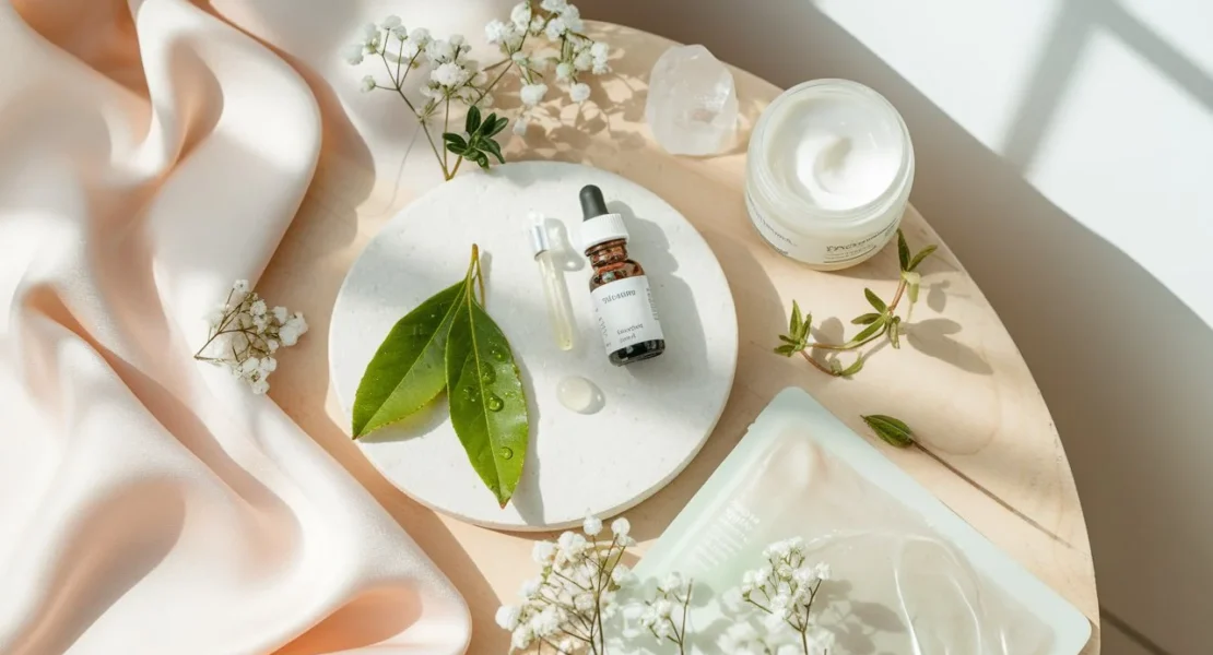 High-quality flatlay image showcasing skincare ingredients such as green tea leaves, aloe vera, hyaluronic acid, and beauty products like serum, sheet mask, and moisturizer in a clean, aesthetic arrangement.