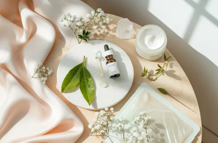 High-quality flatlay image showcasing skincare ingredients such as green tea leaves, aloe vera, hyaluronic acid, and beauty products like serum, sheet mask, and moisturizer in a clean, aesthetic arrangement.