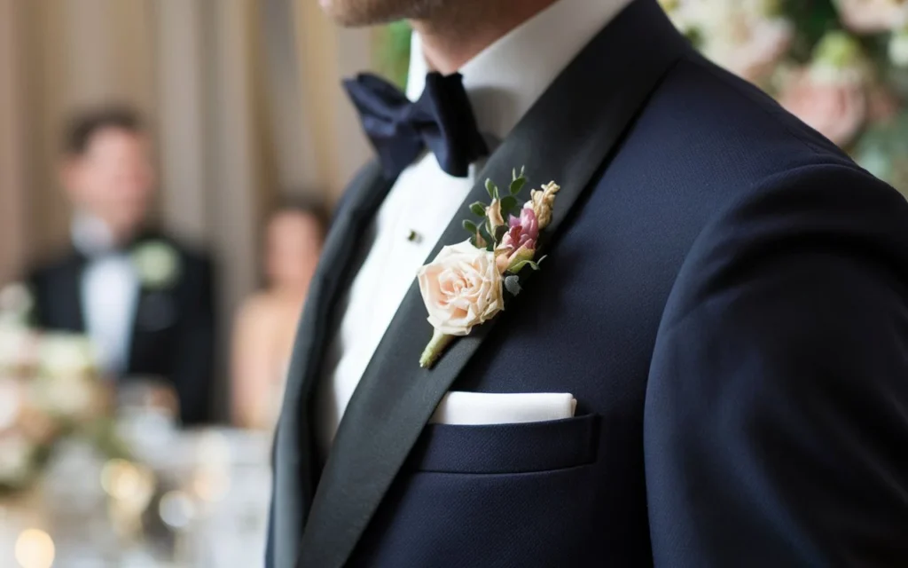 A man in a navy tuxedo showcasing a floral lapel pin on his blazer in a wedding setting, emphasizing men’s formal accessories for weddings.