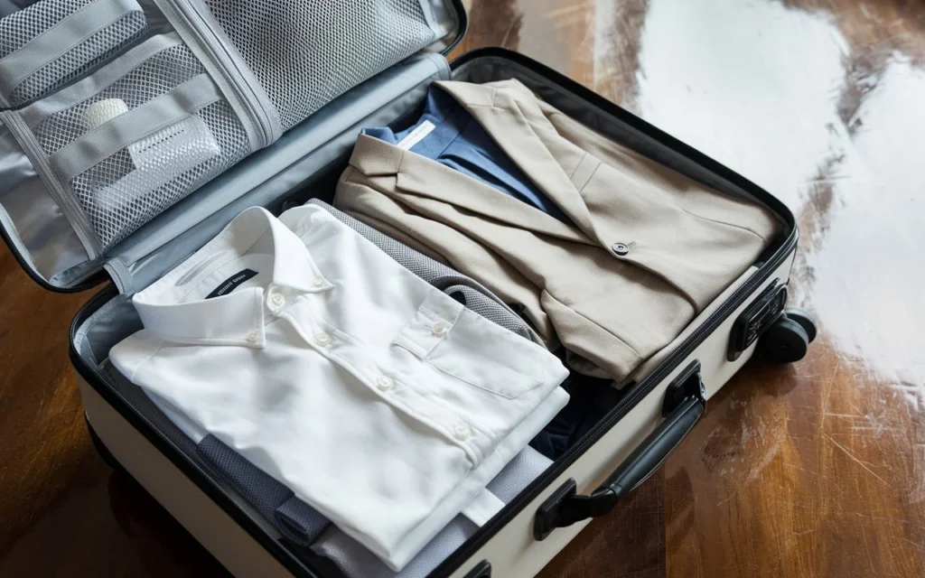 A neatly packed suitcase showcasing travel clothes for men: wrinkle-free white shirt, neutral-toned slacks, blazer, and packing cubes on a polished wooden floor.