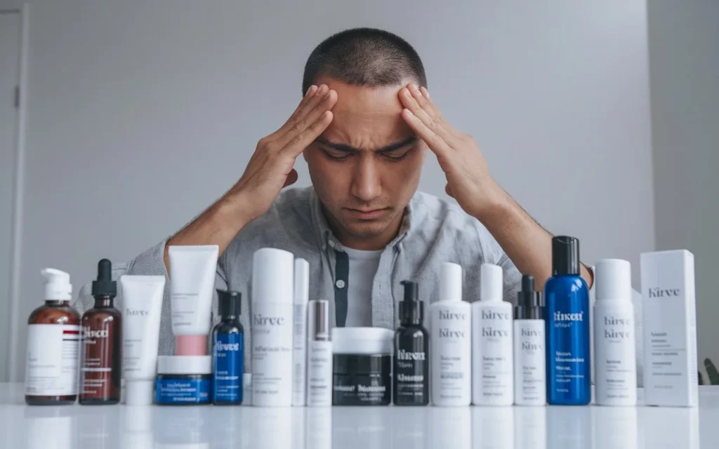 A man wearing a gray shirt looks stressed and confused while surrounded by neatly arranged skincare products on a white surface, symbolizing the complexities of skincare choices.