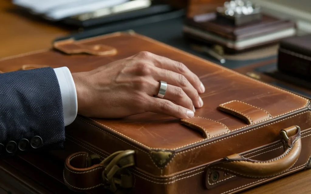 A man wearing a platinum ring on his finger.