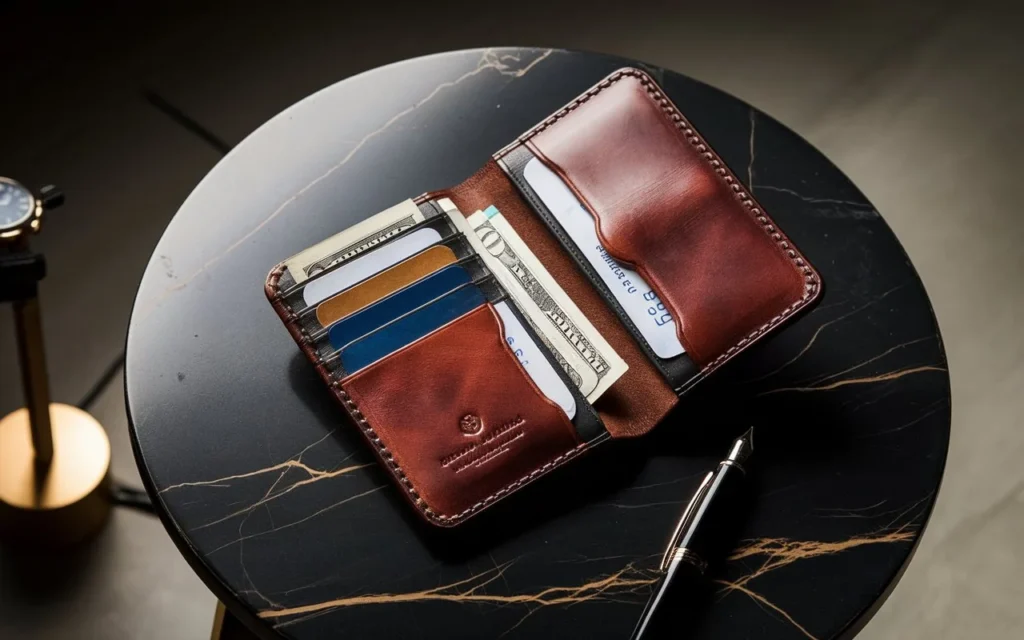 A premium leather wallet being held by a man in a sharp suit, showcasing neatly arranged cards and cash near a luxurious café counter with golden lighting.