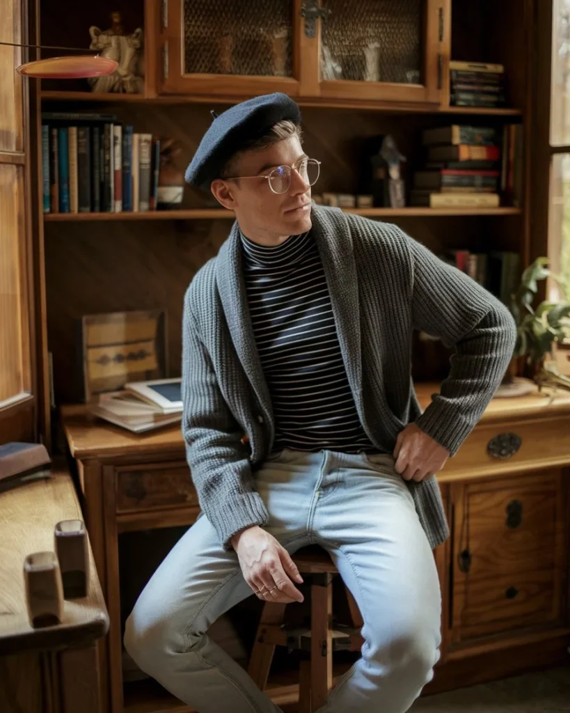 Model in a library wearing a striped button-down shirt, neutral vest, wide-leg slacks, round glasses, and loafers, reflecting a retro academic soft boy aesthetic.