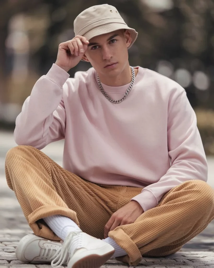 Soft boy model outdoors wearing pastel pink sweater, mustard corduroy trousers, bucket hat, silver chain, and white sneakers with a calm, creative vibe.