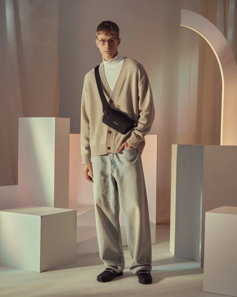 A young man in a soft boy aesthetic style wearing a beige cardigan, white turtleneck, and baggy light-wash jeans, accessorized with round glasses and a crossbody bag in a softly lit pastel studio.