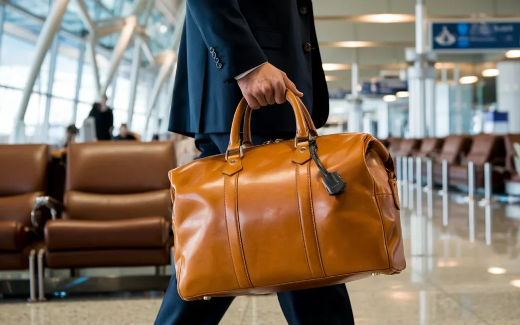 A stylish man in a formal suit walking through an airport lounge, carrying a high-quality tan leather bag with polished metal details under ambient lighting.