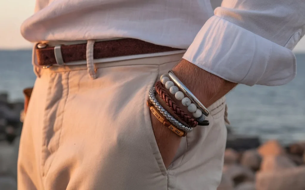 A man's wrist with a stack of bracelets made from leather, metal, and stone beads.