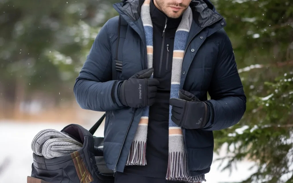 A man dressed in thermal layers, a puffy jacket, and waterproof boots in a snowy outdoor setting, with snow falling and evergreen trees in the background.