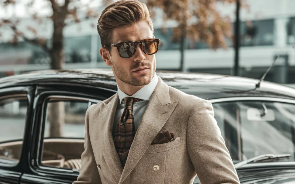 A man wearing tortoise-shell sunglasses and a beige suit, leaning against a vintage car.