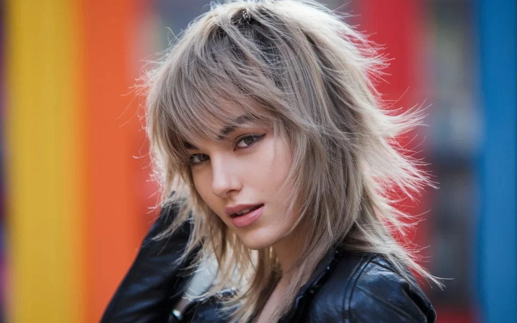 Close-up of a stylish young woman with a bold wolf cut haircut, featuring textured layers and a trendy, edgy look.