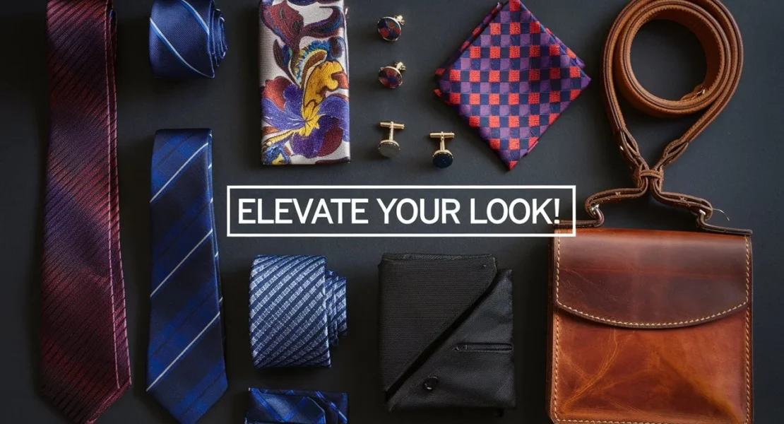 A luxurious flat-lay arrangement of essential suit accessories including ties, pocket squares, cufflinks, and a leather bag on a dark, stylish background with bold text saying, "Elevate Your Look!"