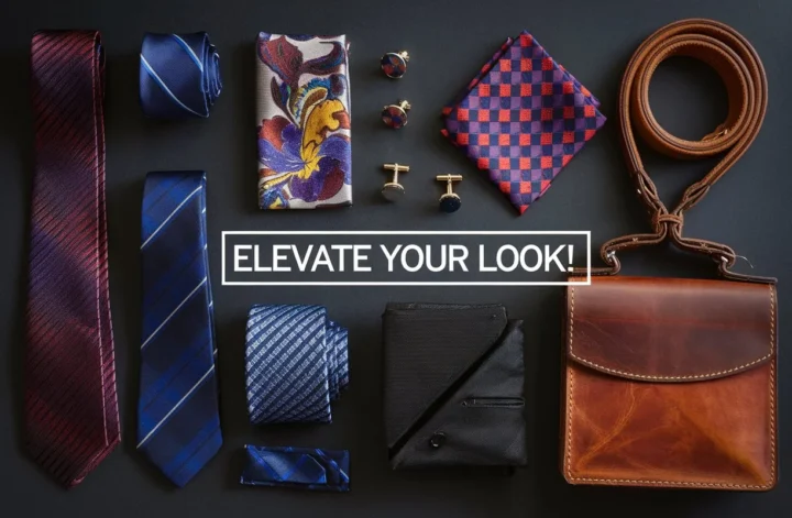 A luxurious flat-lay arrangement of essential suit accessories including ties, pocket squares, cufflinks, and a leather bag on a dark, stylish background with bold text saying, "Elevate Your Look!"