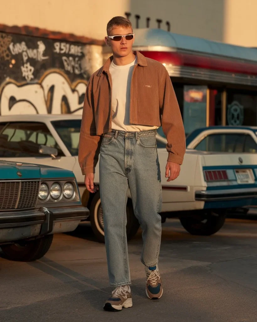 Model wearing a cropped corduroy jacket, white tee, high-waisted jeans, retro sunglasses, and chunky sneakers in front of a graffiti wall.