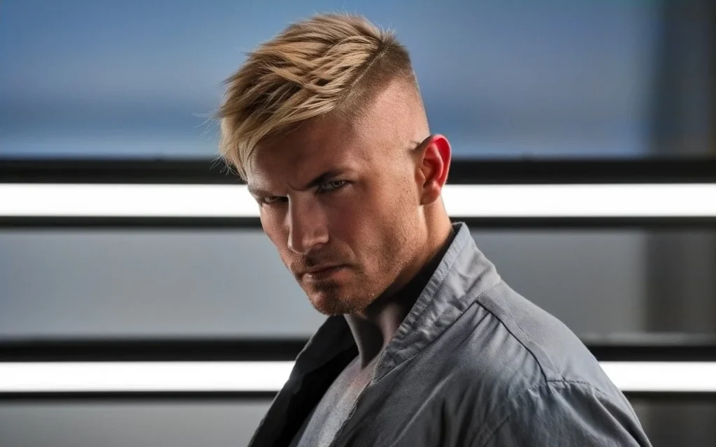 Man with a sharp warrior cut hairstyle featuring textured blond hair, undercut sides, and a bold, edgy look.