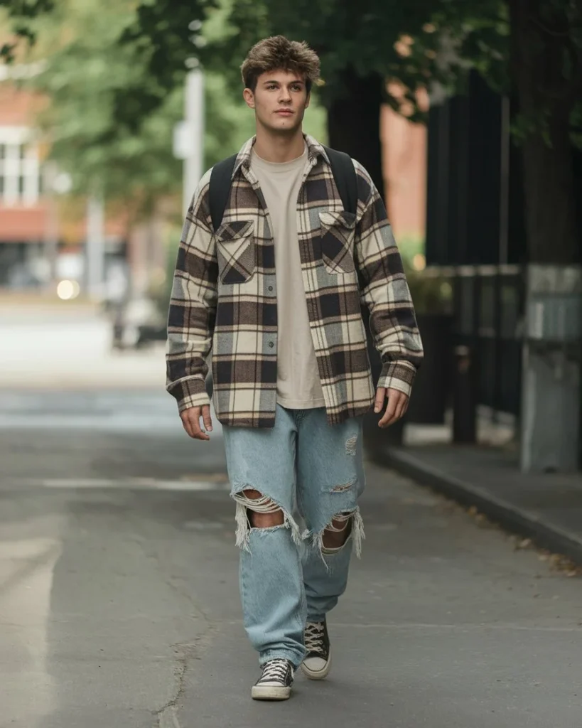 Model walking through a park or city street wearing an oversized plaid flannel shirt, neutral crewneck tee, distressed denim jeans, sneakers, and a backpack, with soft natural lighting.