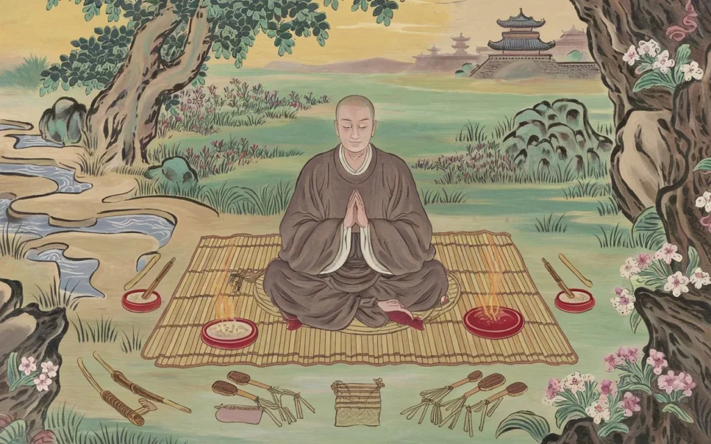 A meditative monk sitting cross-legged on a straw mat under a tree with ritual tools and offerings nearby, surrounded by a serene landscape with flowers, a stream, and distant pagodas.