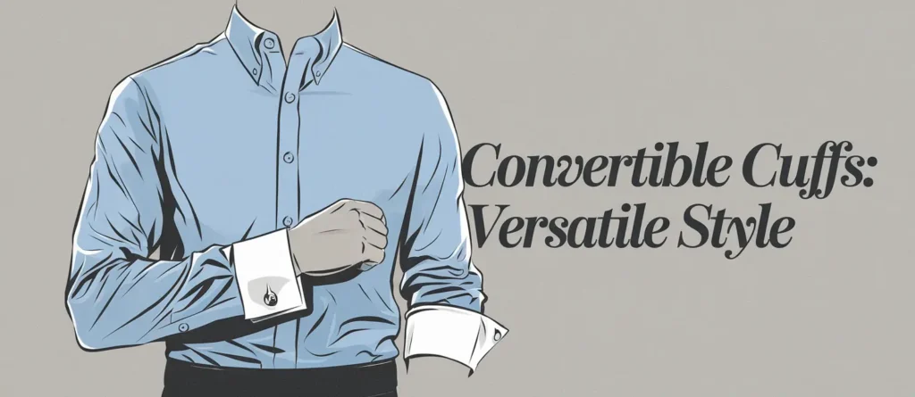 Illustration of a man wearing a blue shirt with convertible cuffs, showcasing their versatility in formal and casual settings.