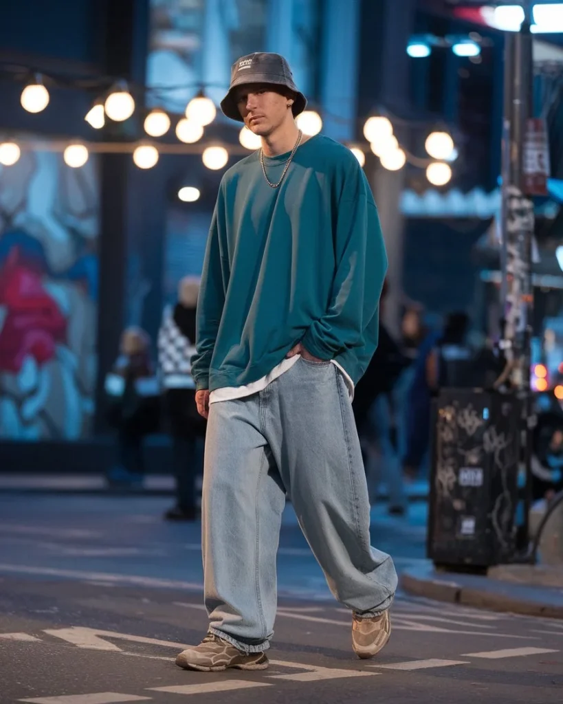 Male model in an oversized teal sweater, baggy jeans, bucket hat, and chunky sneakers on a bustling city street with street art and lights.